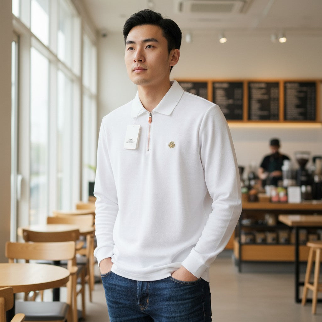 Hermes Half-Zip Polo Uzun Kollu (Beyaz)