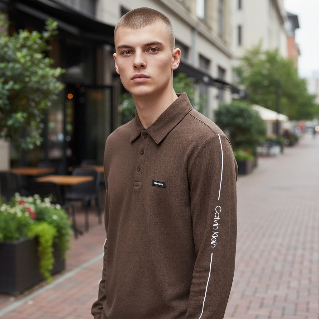 Calvin Klein Erkek Kahverengi Uzun Kollu Polo Sweatshirt