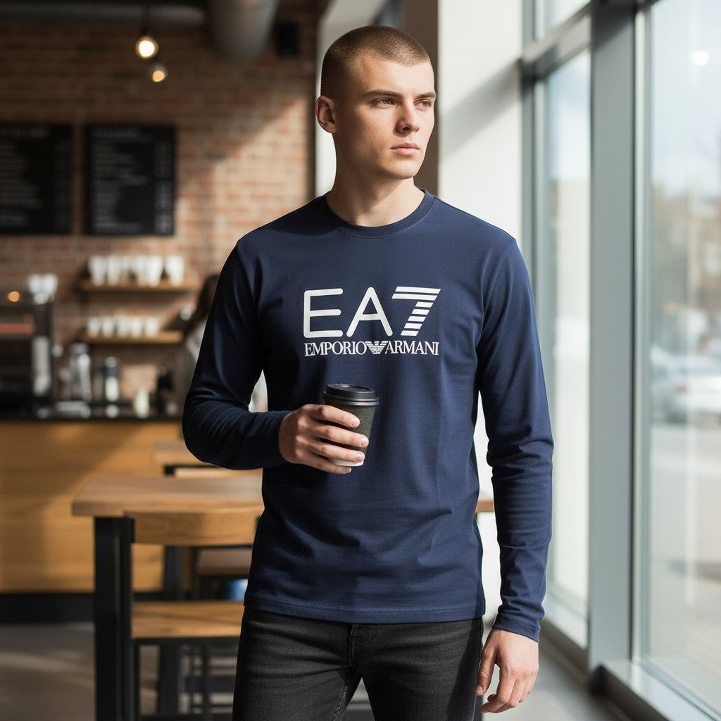 Emporio Armani EA7 Erkek Beyaz Bisiklet Yaka Logo Sweatshirt