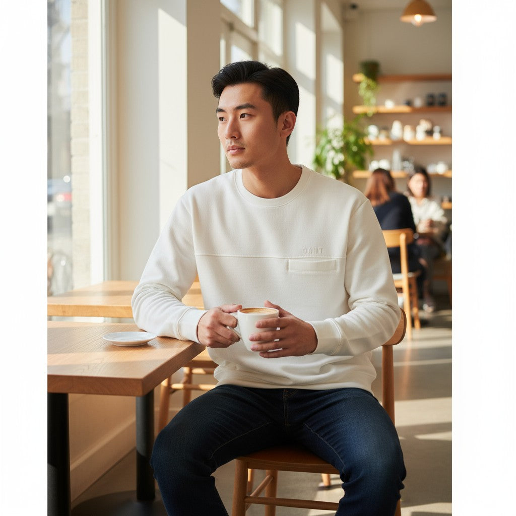 GANT Erkek Beyaz Bisiklet Yaka Sweatshirt