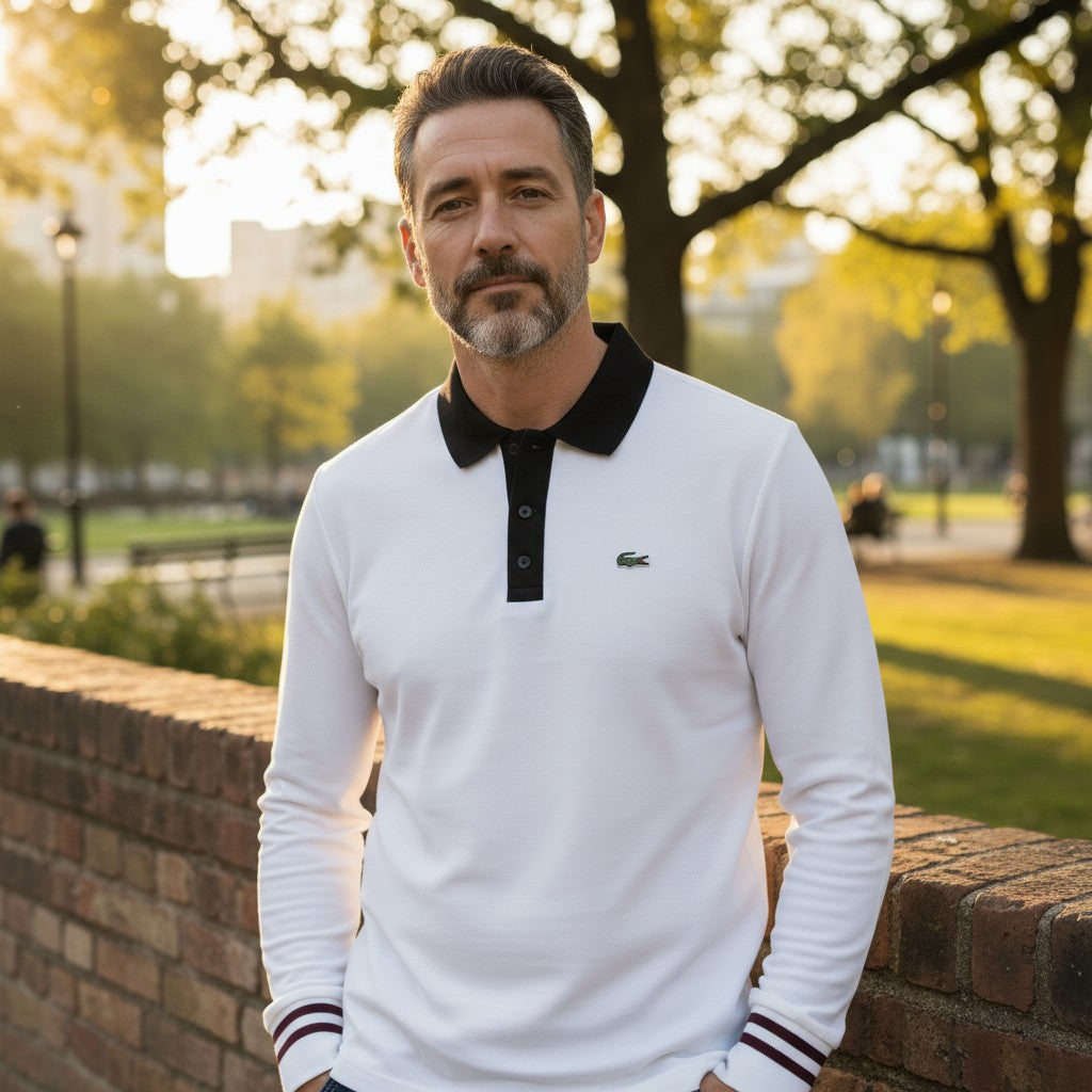 Lacoste Erkek Uzun Kollu Siyah Yakalı Beyaz Polo Sweatshirt