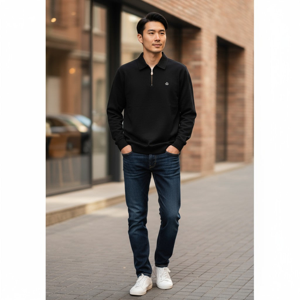 Hermes Half-Zip Polo Uzun Kollu (Siyah)