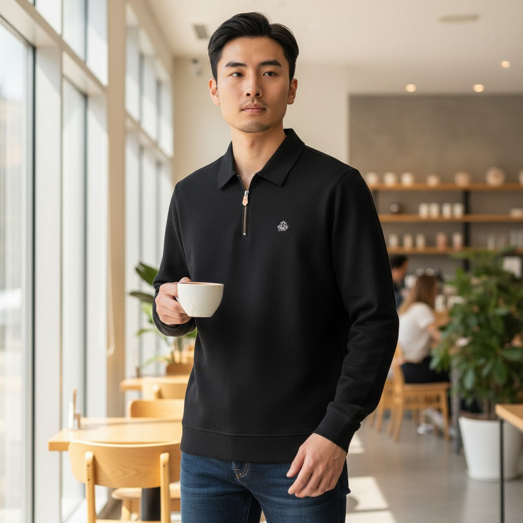 Hermes Half-Zip Polo Uzun Kollu (Siyah)