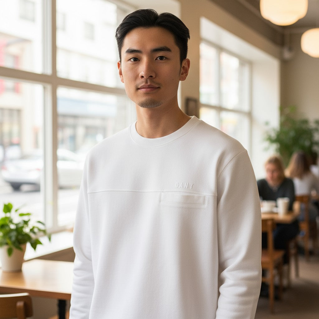 GANT Erkek Beyaz Bisiklet Yaka Sweatshirt