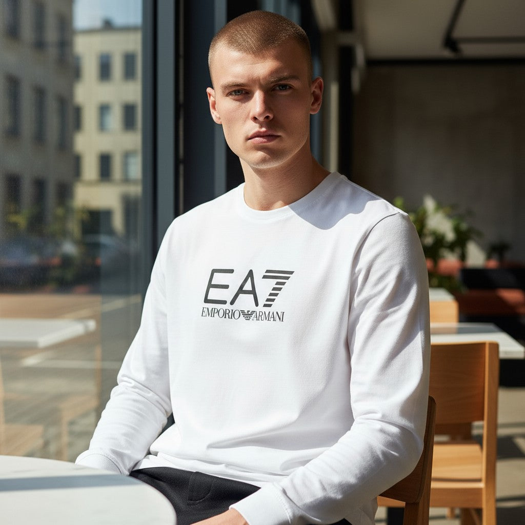 Emporio Armani EA7 Erkek Beyaz Bisiklet Yaka Logo Sweatshirt