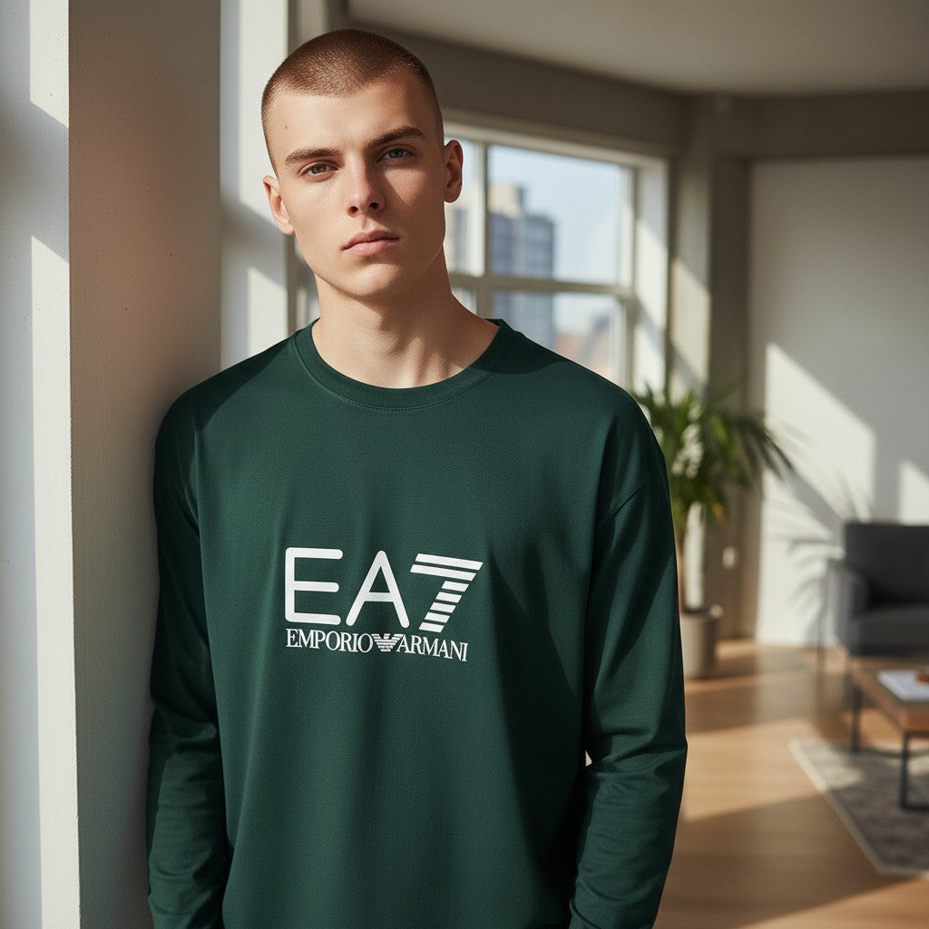 Emporio Armani EA7 Erkek Beyaz Bisiklet Yaka Logo Sweatshirt