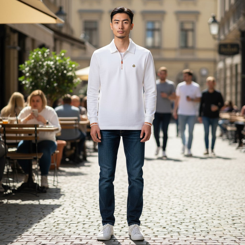 Hermes Half-Zip Polo Uzun Kollu (Beyaz)