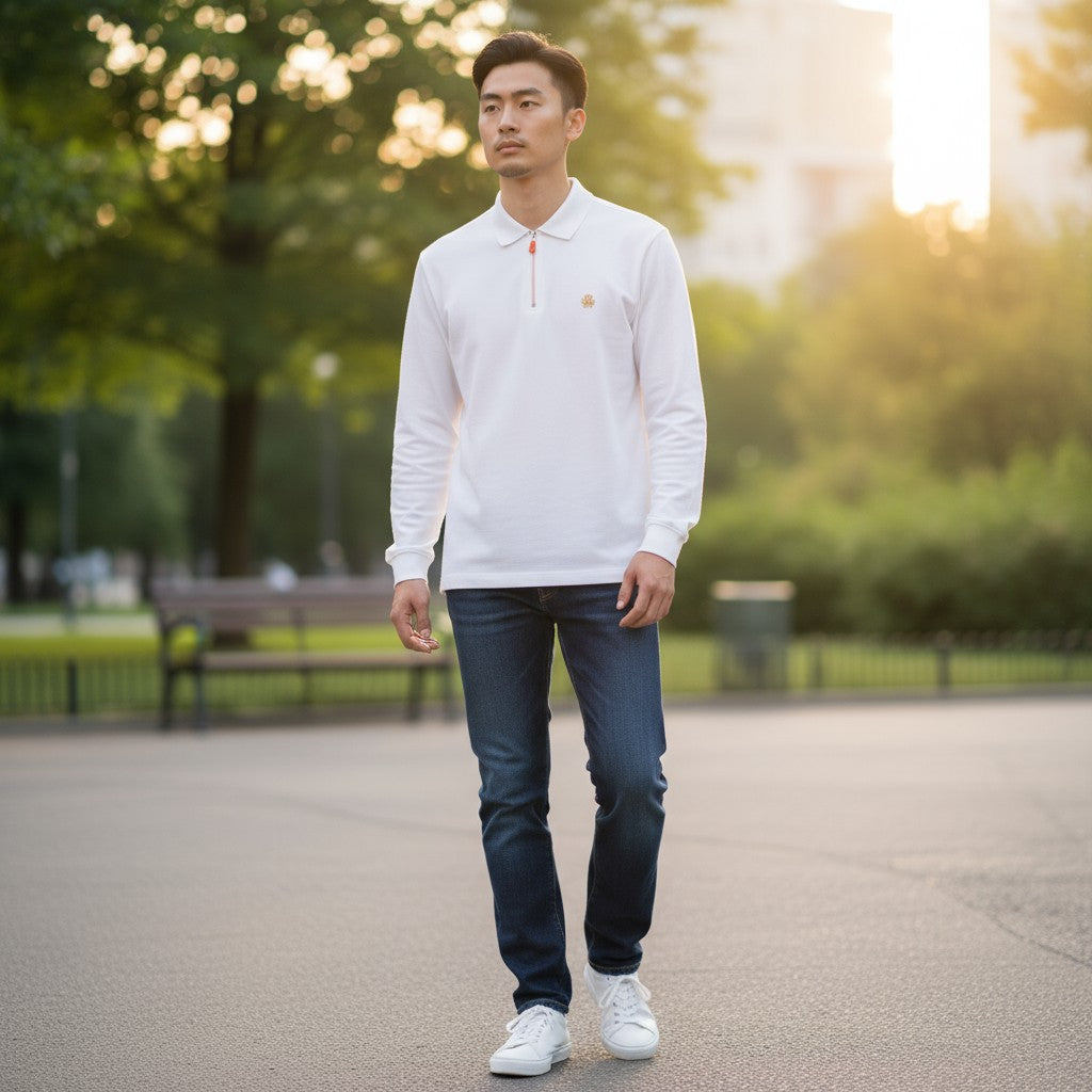 Hermes Half-Zip Polo Uzun Kollu (Beyaz)