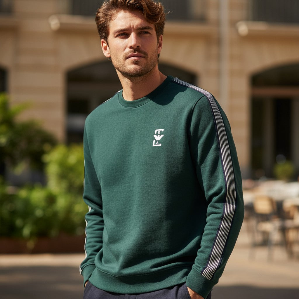 Emporio Armani Erkek Yeşil Şerit Detaylı Bisiklet Yaka Sweatshirt